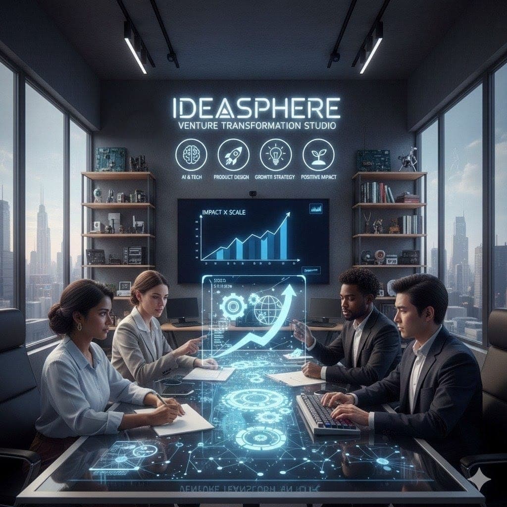 Ideasphere Venture Transformation Studio - Team collaborating with futuristic technology